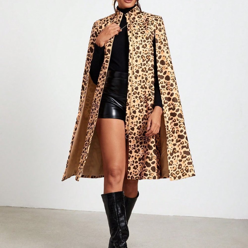 Multicolor Preppy Womens Leopard Print Cloak Sleeve Open Front Cape Coat - Picture 1 of 5